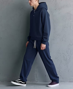Men's Black Hooded Sweatshirt Set Solid Color Casual Autumn Wear Polyester/Cotton French Terry Knitted Fabric 380g Breathable - Product Image 6
