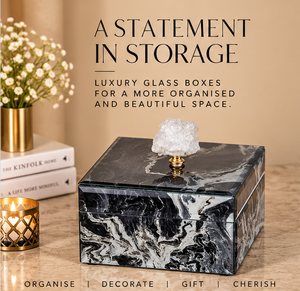 Black Marble Glass Jewelry Storage Box with Crystal Stone Knob Glossy Finish Soft Lining Decorative Keepsake Organizer - Product Image 5