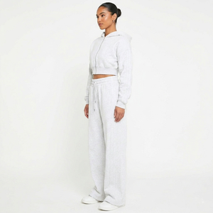 Ensemble de survêtement gris en polaire pour femme, comprenant un sweat à capuche court et un pantalon large, coupe oversize, avec cordons de serrage, direct usine - Product Image 4