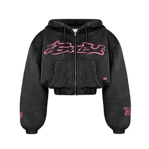 Sudadera con capucha negra con cremallera, estilo urbano oversize, de algodón French Terry, con logo rosa estampado frontal, manga regular, estilo invierno, unisex - Product Image 1