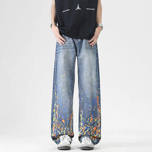 Jean large pour homme grande taille, taille mi-haute, motif peint à la main effet gouttelettes, coupe ample, 100% coton, pantalon décontracté - Product Image 2