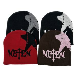 NEPEN Jacquard Knit Beanie Hat Unisex Punk Style Letter Pattern 100% Polyester Flock Print Adjustable <b>Winter</b> <b>Cap</b> for Adults - Product Image 1
