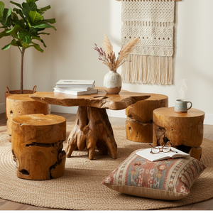 ARTERRA Juego de Mesa de Raíz de Teca Rústica Artesanal de Lujo con Taburetes de Madera Natural, Muebles Hechos a Mano para Sala de Estar - Product Image 5