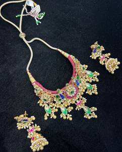 TISHYA DIAMOND Ethnic Gold Plated Round Brilliant Cut Necklace Earring <b>Set</b> with Imitation <b>Pearl</b> Tassel for Women Wedding <b>Jewelry</b> - Product Image 2