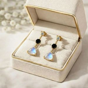 Rainbow Moonstone Trillion Cut & Black Obsidian Round Faceted Drop <b>Earrings</b> With CZ Accent Elegant Handmade Gemstone Stud <b>Dangle</b> - Product Image 6