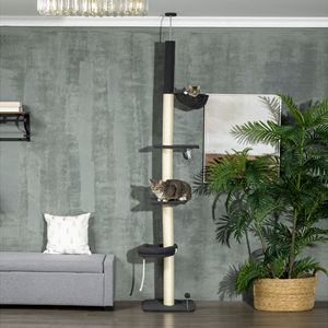 Torre per Gatti a 5 Livelli Regolabile 95-106 cm, Nera e Crema, con Amaca, Tiragraffi e Pallina Giocattolo, Tiragraffi da Terra a Soffitto - Product Image 2