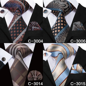 Corbata de seda a cuadros marrón para hombre, conjunto de pañuelo de bolsillo y gemelos de alta calidad para boda - Product Image 3