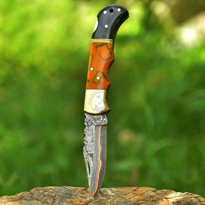 Luxury Japanese Style Steel Copper Damascus Back <b>Lock</b> Folding Pocket Knife Tactical Outdoor Resin Brass Bolster Handle 6.5" - Product Image 3