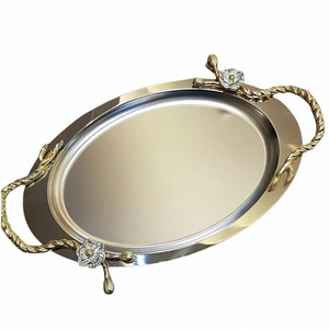 Poignée latérale plaquée or Forme ovale Plateau métallique en acier inoxydable laiton poli brillant Plateau de service alimentaire - Product Image 1