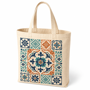 Cotton Canvas Boho <b>Tote</b> <b>Bag</b> with Rope Handle Durable Floral Tile Print Reusable Shopping Carryall for <b>Beach</b> Grocery & Daily Use - Product Image 1