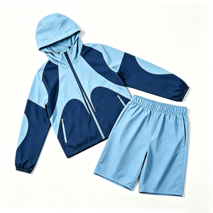 Men's Panel Design Windbreaker Jacket and Shorts Set Lightweight Hooded Activewear Ensemble - Product Image 2