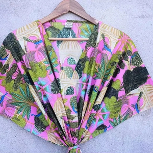 ชุดเดรส Maxi คาฟตันสไตล์อินเดียทำด้วยมือชุดนอนคลุมชายหาดยาวถึง100% พิมพ์ลายดอกไม้ผ้าฝ้าย - Product Image 4