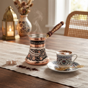 Cafetera turca de cobre oxidado grabado con motivos florales, Cezve, Ibrik árabe, Briki griega, calentador de leche para estufa con mango de madera incrustado - Product Image 2