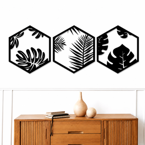 Conjunto de 3 Piezas de Arte Metálico Botánico Moderno para Pared, Decoración de Pared con Hojas Tropicales Negras, Adorno Hexagonal de Hierro para Colgar en la Pared de la Sala de Estar, Dormitorio u Oficina - Product Image 1