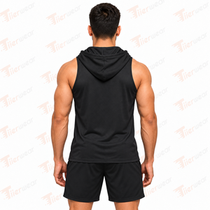 <b>Men's</b> <b>Black</b> Sleeveless Hooded Tank Top Quick Dry Polyester Sporty Front Logo Print Casual Workout <b>Vest</b> <b>Men</b> Hooded Tank Top - Product Image 4