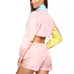 Women's Casual Solid Nylon/Polyester High Quality Anti-Bacterial Track Suits <b>Crop</b> <b>Top</b> Windbreaker Jacket Shorts Set Workout - Product Image 4