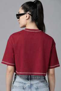 Oneten Apparels T-shirt décontracté pour femme, couleur bordeaux, à manches courtes, col rond, écologique - Product Image 3