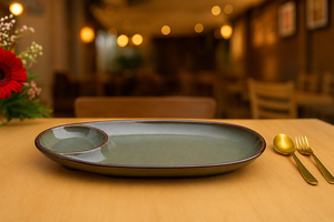 Oval <b>Ceramic</b> Serving <b>Plate</b> With Divided Compartment For Food And Sauce Minimalist Design Dishwasher Safe - Product Image 2