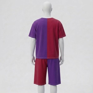 Conjunto de Camiseta y Pantalones Cortos Color Block Rojo y Morado para Hombre, Unisex, Estilo Casual de Verano, Dos Piezas, Ropa Deportiva Moderna - Product Image 2