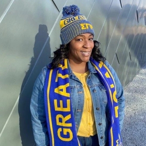 Sigma Gamma Rho <b>Scarf</b> <b>and</b> Beanie <b>Hat</b> Set Royal Blue Gold Greek Letter Winter Accessories with Knit Cuffed Pom Pom Beanie - Product Image 5