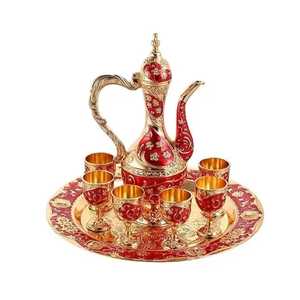 Ensemble de café arabe élégant bleu et or, théière en émail de luxe avec tasses assorties et plateau de service, ensemble de repas moyen-oriental - Product Image 6