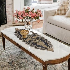 Camino de Mesa Floral Bordado de Lujo, Poliéster Lavable, Decoración para el Hogar, Diseño Dorado y Negro - Product Image 5