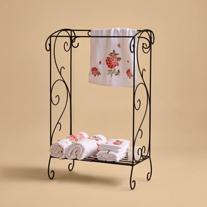 Élégant porte-serviettes autoportant en métal noir avec cadre incurvé, étagère de rangement, organisateur de salle de bain, forme artistique décorative - Product Image 1