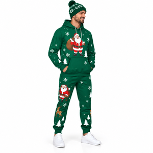 Men Christmas Tracksuit Hoodie Jogger Set Green Santa Print Casual Winter Sweatpants Full Sleeve Breathable Regular Fit - Product Image 3