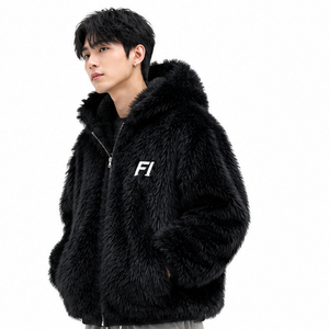 Veste polaire noire pour homme OEM, streetwear personnalisé, à capuche en peluche, entièrement zippée, vêtement d'extérieur chaud pour l'hiver, fournisseur en gros USA Y2K - Product Image 2
