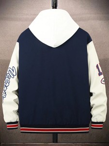 Navy College Baseball <b>Jacket</b> for Men Custom Hooded Varsity Outerwear <b>Fleece</b> <b>Lined</b> Embroidered Streetwear Winter Fashion OEM ODM - Product Image 2