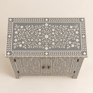Buffet de rangement rectangulaire moderne en bois massif gris à incrustations florales, fait main, en MDF, avec incrustations en os, à poser au sol - Product Image 5