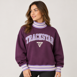 Sudadera de cuello alto para mujer, color ciruela, con ribete a rayas blancas, letras estilo universitario, manga larga, logotipo personalizado - Product Image 4