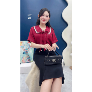 เสื้อเชิ้ตเดนิมแขนสั้นสำหรับสาวทำงาน คอปกแบบกะลาสีพร้อมโบว์ผูก  แบบลำลองสำหรับใส่ทำงานหรือวันสบายๆ - Product Image 4