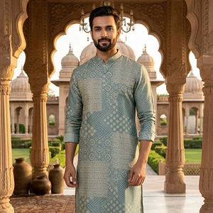 Conjunto de Kurta y Pijama para Hombre de Seda Pura con Estampado Digital y Pijama de Algodón - Product Image 1