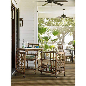 Modern Serving <b>Table</b> with Natural Green Rattan and Glass Top 4 Swivel Casters for Hotels and Bedrooms - Product Image 4