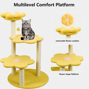 Arbre à chat multi-niveaux en sisal, couleur jaune, mobilier d'intérieur pour animaux de compagnie, design durable et amovible, motif floral en carton - Product Image 4