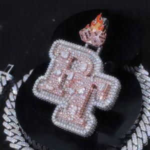 Custom 925 <b>Silver</b> Moissanite <b>Initial</b> R Pendant <b>Necklace</b> Rose Gold Hip Hop Iced Out Letter with Flame Bail GIA Certified Unisex - Product Image 1