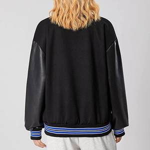 Top Fashion Varsity <b>Jacket</b> With PU <b>Leather</b> Sleeves And Blue Stripe Trim Full Sleeve Chenille Patches Embroidery Wool Letterman - Product Image 2