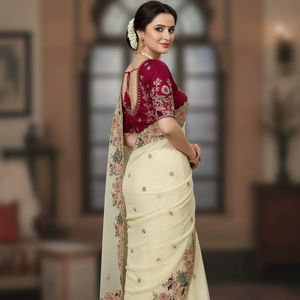 Sari de Georgette Suave de Lujo con Bordado en Pallu y Borde Calado, Traje Nupcial Indio para Boda, Venta al por Mayor de Sari con Blusa - Product Image 1