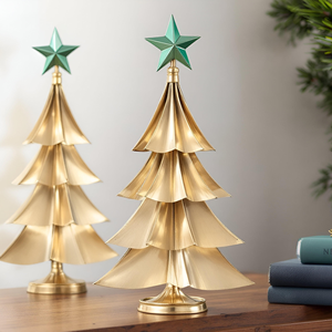 Juego de 2 Árboles de Navidad de Alambre Metálico Dorado, Decoración Festiva Moderna para Mesa con Adornos de Estrella Verde, Iluminación LED - Product Image 5