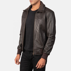 Chaqueta de Cuero de Oveja Marrón para Hombre, Estilo Bomber, Ropa de Invierno, Moda Motociclista, Corte Ajustado, Cuello Alto, Cremallera, Impermeable y Cortavientos - Product Image 2