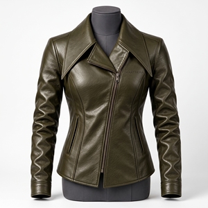 Veste en cuir vert olive pour femme, col large, fermeture éclair asymétrique, coupe ajustée, style motard, sur mesure, OEM, vente en gros - Product Image 3