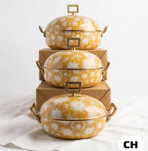 Luxury Mustard Yellow Floral Hot <b>Pot</b> <b>Set</b> 3 Pcs Enamel Food Warmer Casserole Brass Gold Handle Gift Box - Product Image 3