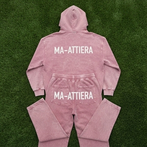 Ensemble survêtement femme en molleton de coton rose délavé, comprenant un sweat à capuche oversize et un pantalon de survêtement à jambes larges, avec ceinture brodée vintage personnalisée, OEM ODM - Product Image 6