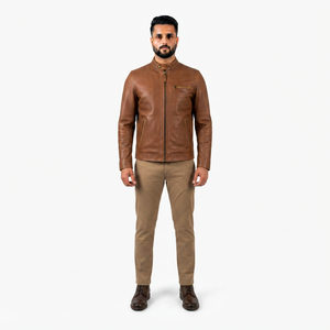 Chaqueta de Cuero Premium para Hombre, Estilo Café Racer, de Piel de Vacuno Granulada, Corte Ajustado Vintage, Resistente al Viento, Sostenible, con Logotipo OEM Personalizado - Product Image 1