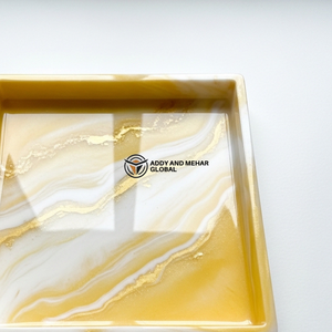 Luxury Yellow Marble Resin Tray – Handmade Square Decorative Serving Tray with Gold Veins | Modern Coffee <b>Table</b> & <b>Vanity</b> Tray - Product Image 3