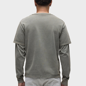 T-shirt vierge personnalisable pour sérigraphie, en coton vintage 240 grammes, déchiré, à double couche, avec manches longues gaufrées, effet vieilli, pour homme - Product Image 2