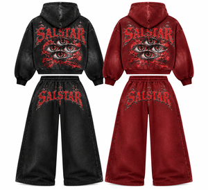Ensemble survêtement homme délavé à l'acide, coupe ample, style streetwear, deux pièces avec imprimé œil et option logos personnalisés - Product Image 4