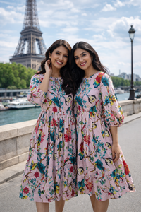 Pink Floral Carry Print Cotton Dress Dori Neck Long Length with Side Pockets Women Casual Hand Block Print Handmade Masterpiece - Product Image 5