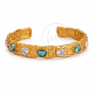 Gold Plated Textured Cuff Bangle with Labradorite & Moonstone Handmade <b>Gemstone</b> <b>Bracelet</b> Adjustable Open Bangle Jewelry - Product Image 1